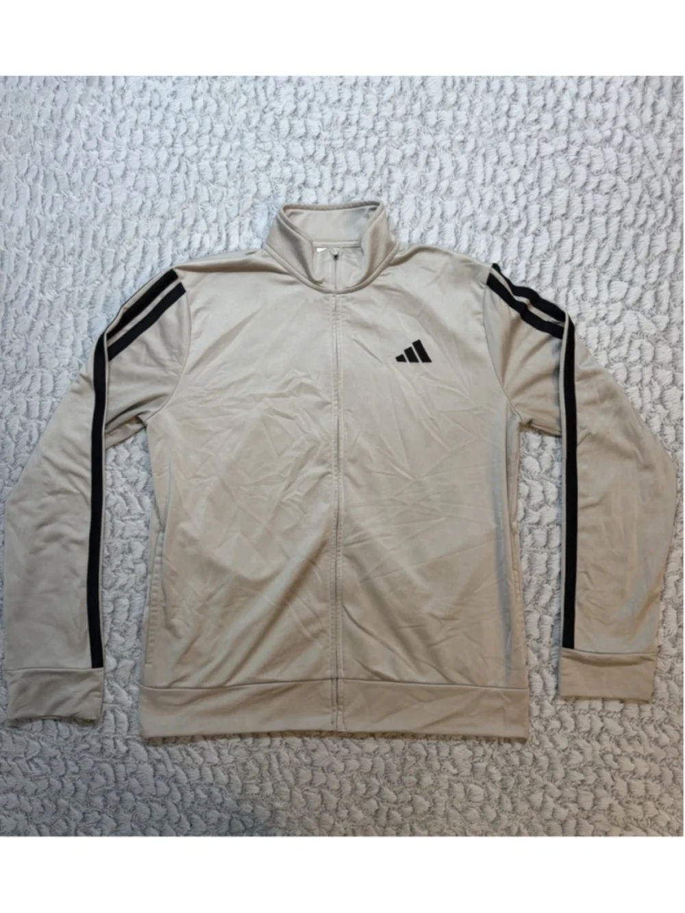 adidas Men's Beige/Black Striped Full-Zip Track Jacket Stand-Up Collar XL